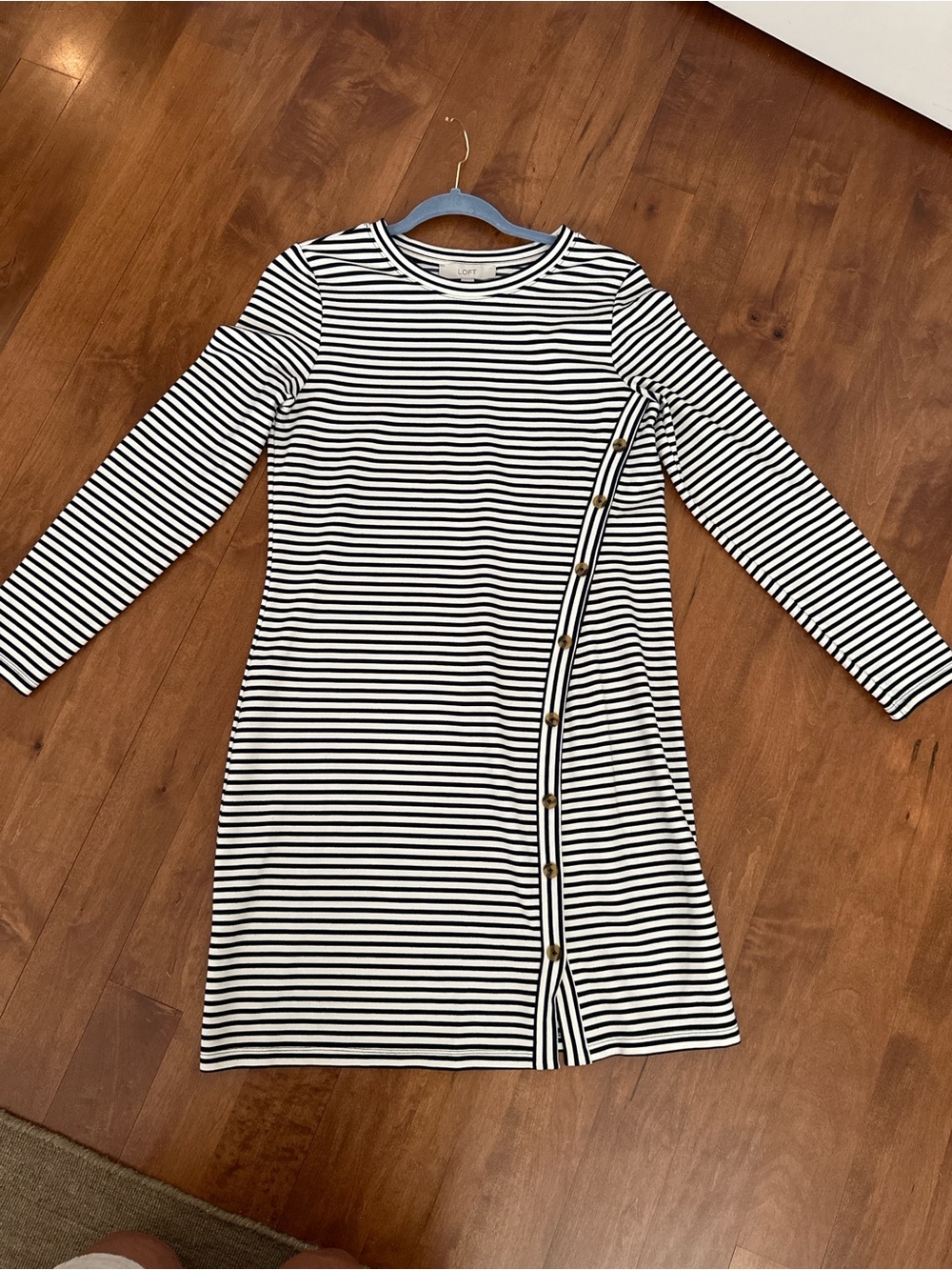 LOFT Navy White Striped Knit Dress Side Button Detail Small